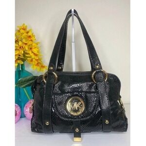 Michael Kors Python Embossed Leather Satchel Black Gold MK Logo Shoulder Bag